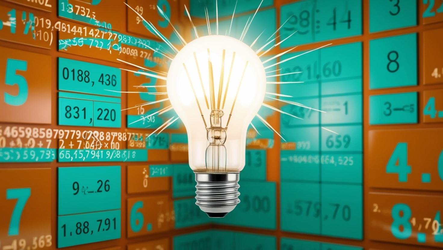 A lightbulb shining a bright idea amidst a sea of numbers, calculations, and information. The information background is gridlike and square